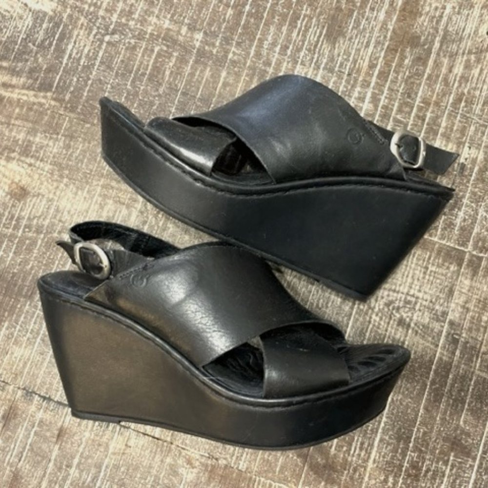 Born black leather platform wedge sandals, size U.S. 9, Euro 40.5